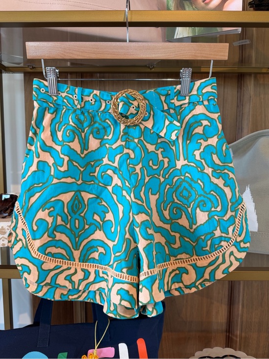 Anna Cate Pants - High-Waist Turquoise and Cream Patterned Shorts with Braided Buckle